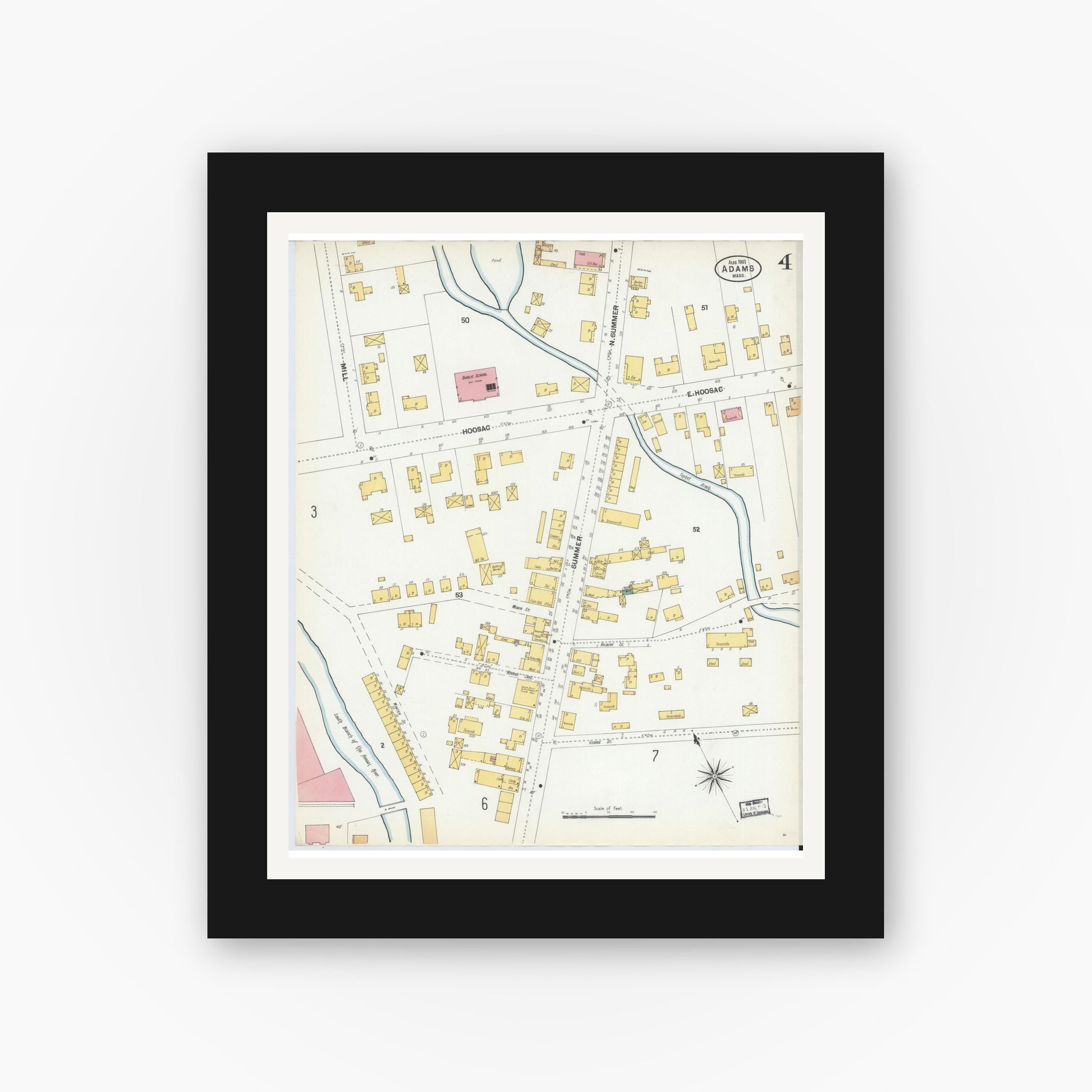 Old map wall art mockup — black gallery frame with white mat — Sanborn Fire Insurance Map from Adams, Berkshire County, Massachusetts (1901), Sheet #0004