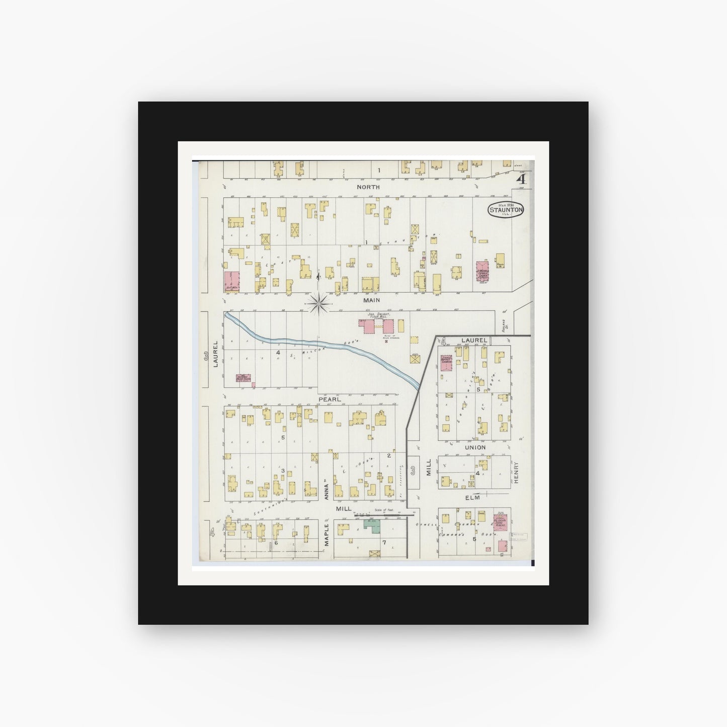 Old map wall art mockup — black gallery frame with white mat — Sanborn Fire Insurance Map from Staunton, Macoupin County, Illinois (1894), Sheet #0004