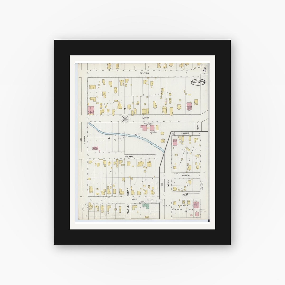 Old map wall art mockup — black gallery frame with white mat — Sanborn Fire Insurance Map from Staunton, Macoupin County, Illinois (1894), Sheet #0004