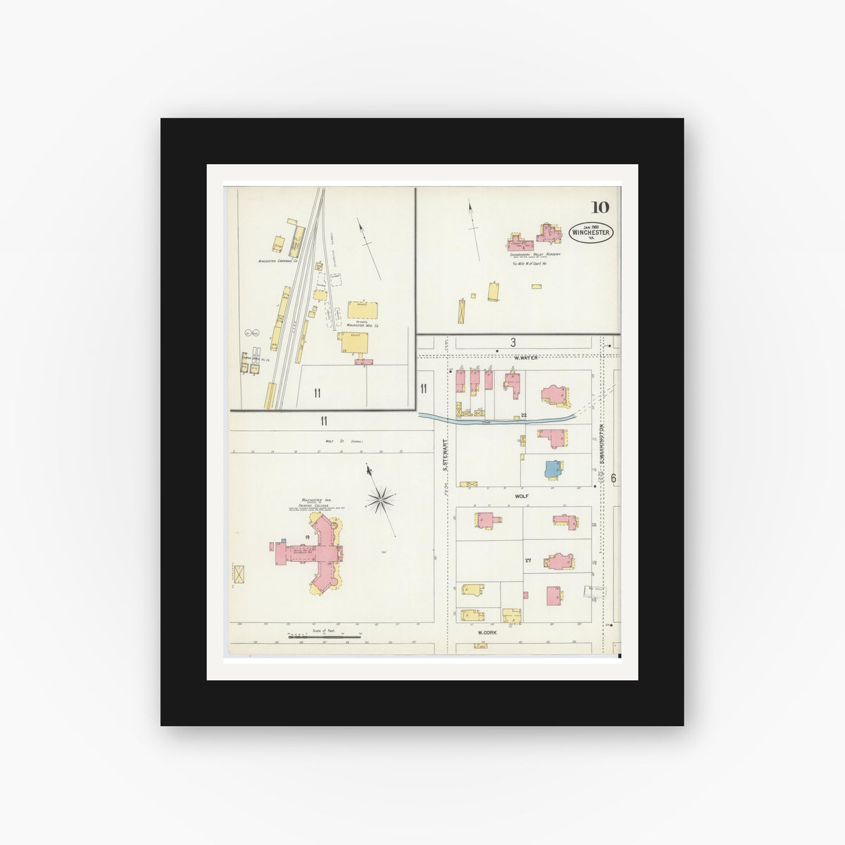 Old map wall art mockup — black gallery frame with white mat — Sanborn Fire Insurance Map from Winchester, Independent Cities, Virginia (1903), Sheet #0010