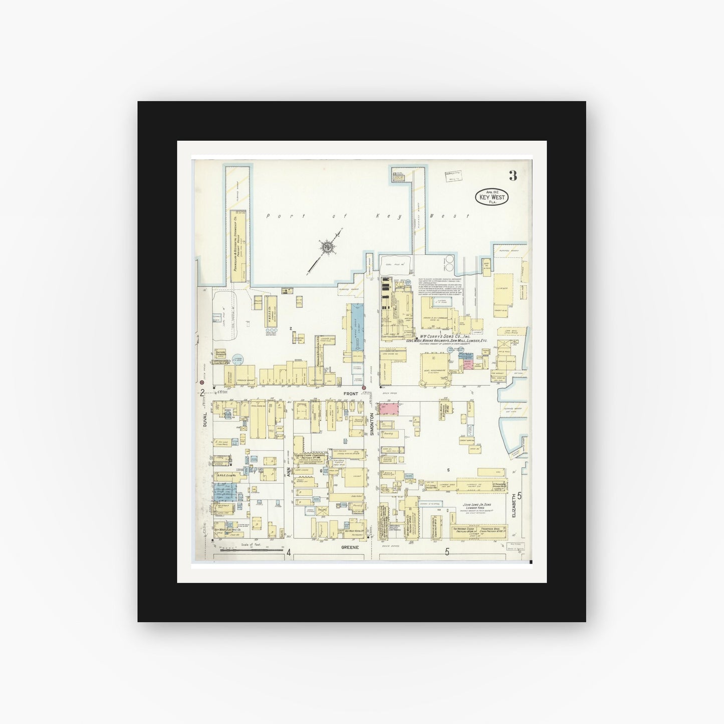 Old map wall art mockup — black gallery frame with white mat — Sanborn Fire Insurance Map from Key West, Monroe County, Florida (1912), Sheet #0003