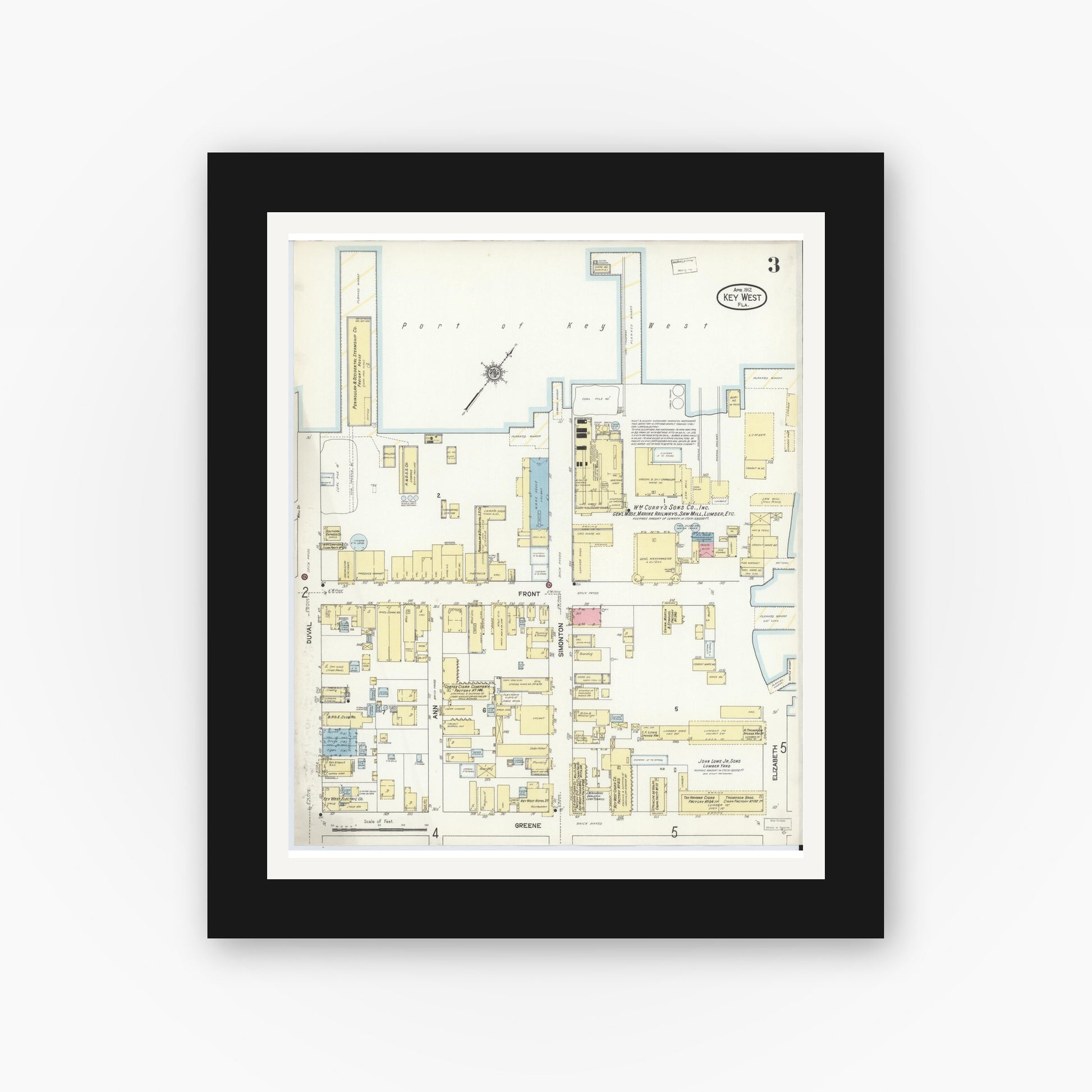 Old map wall art mockup — black gallery frame with white mat — Sanborn Fire Insurance Map from Key West, Monroe County, Florida (1912), Sheet #0003