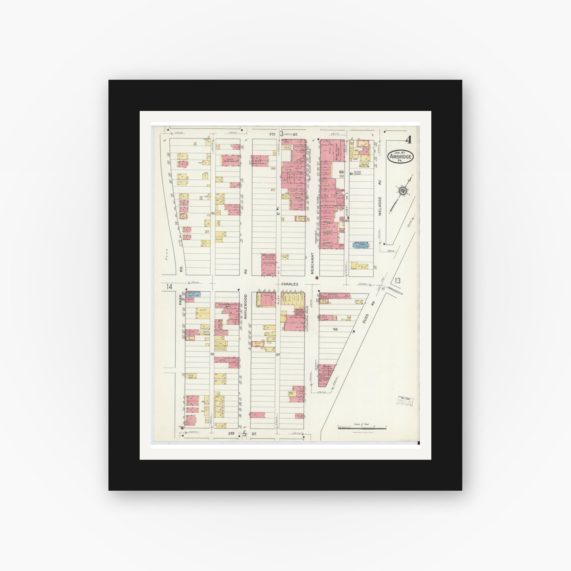 Old map wall art mockup — black gallery frame with white mat — Sanborn Fire Insurance Map from Ambridge, Beaver County, Pennsylvania (1917), Sheet #0004