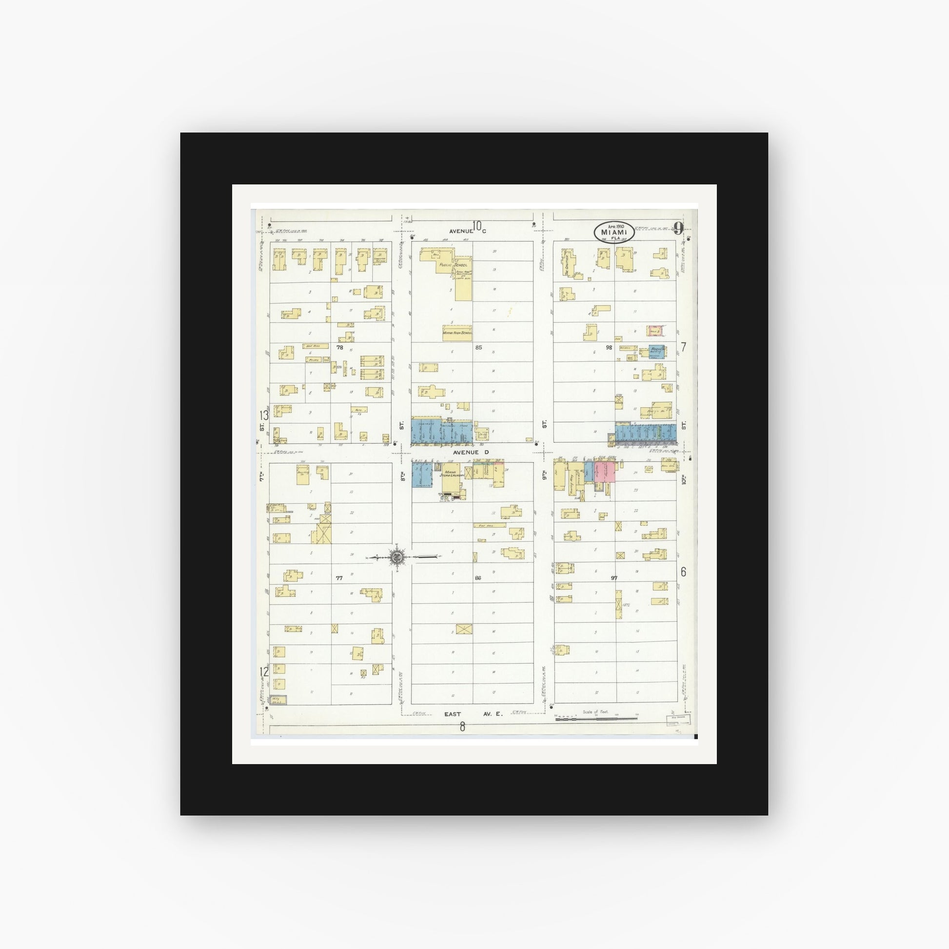 Old map wall art mockup — black gallery frame with white mat — Sanborn Fire Insurance Map from Miami, Dade County, Florida (1910), Sheet #0009