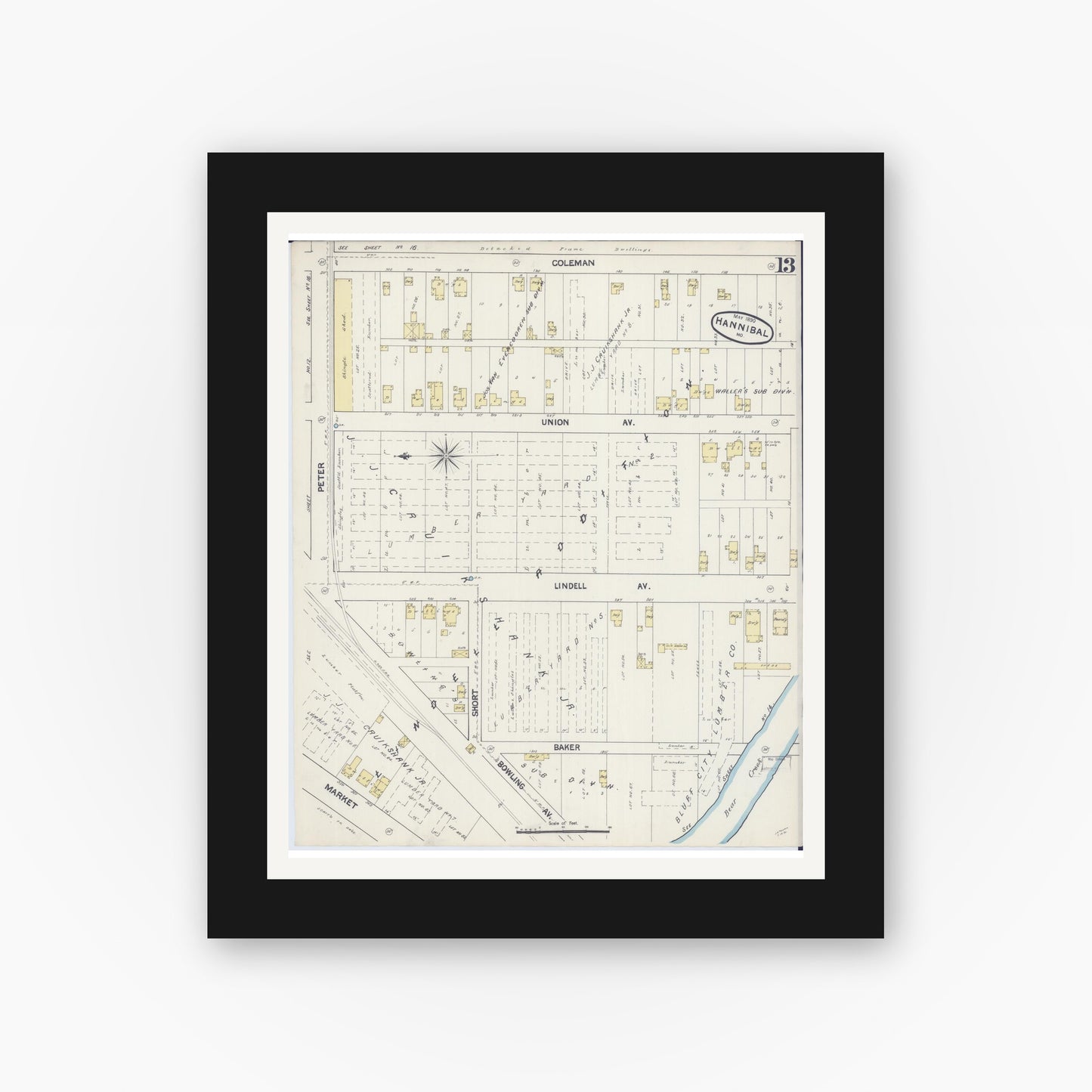 Old map wall art mockup — black gallery frame with white mat — Sanborn Fire Insurance Map from Hannibal, Marion County, Missouri (1890), Sheet #0013