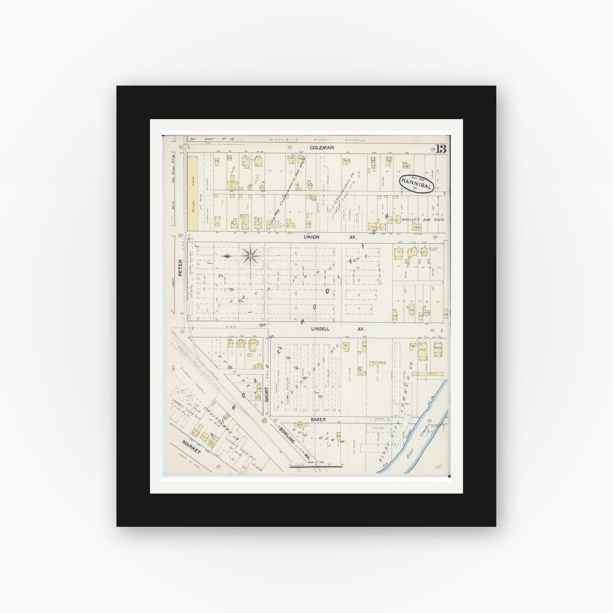 Old map wall art mockup — black gallery frame with white mat — Sanborn Fire Insurance Map from Hannibal, Marion County, Missouri (1890), Sheet #0013