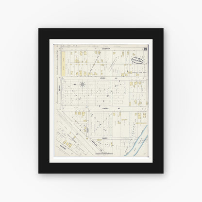 Old map wall art mockup — black gallery frame with white mat — Sanborn Fire Insurance Map from Hannibal, Marion County, Missouri (1890), Sheet #0013