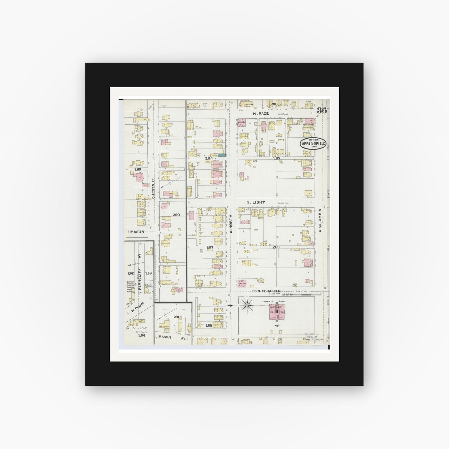 Old map wall art mockup — black gallery frame with white mat — Sanborn Fire Insurance Map from Springfield, Clark County, Ohio (1891), Sheet #0036