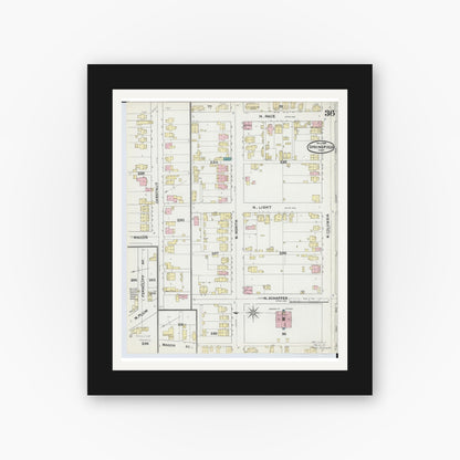 Old map wall art mockup — black gallery frame with white mat — Sanborn Fire Insurance Map from Springfield, Clark County, Ohio (1891), Sheet #0036
