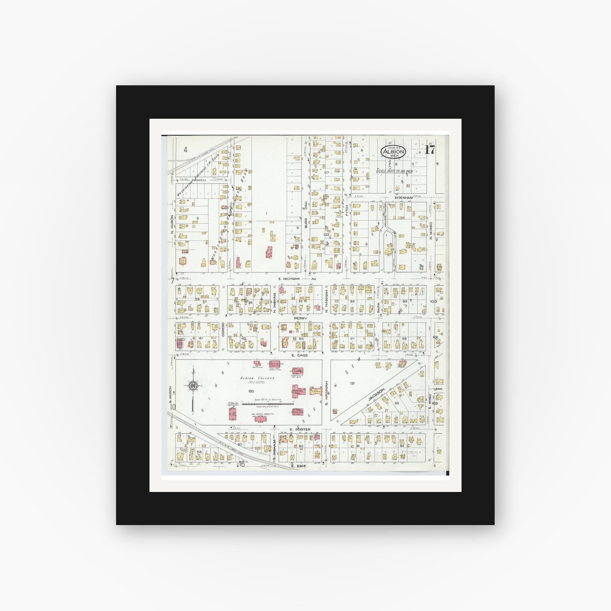 Old map wall art mockup — black gallery frame with white mat — Sanborn Fire Insurance Map from Albion, Calhoun County, Michigan (1918), Sheet #0017