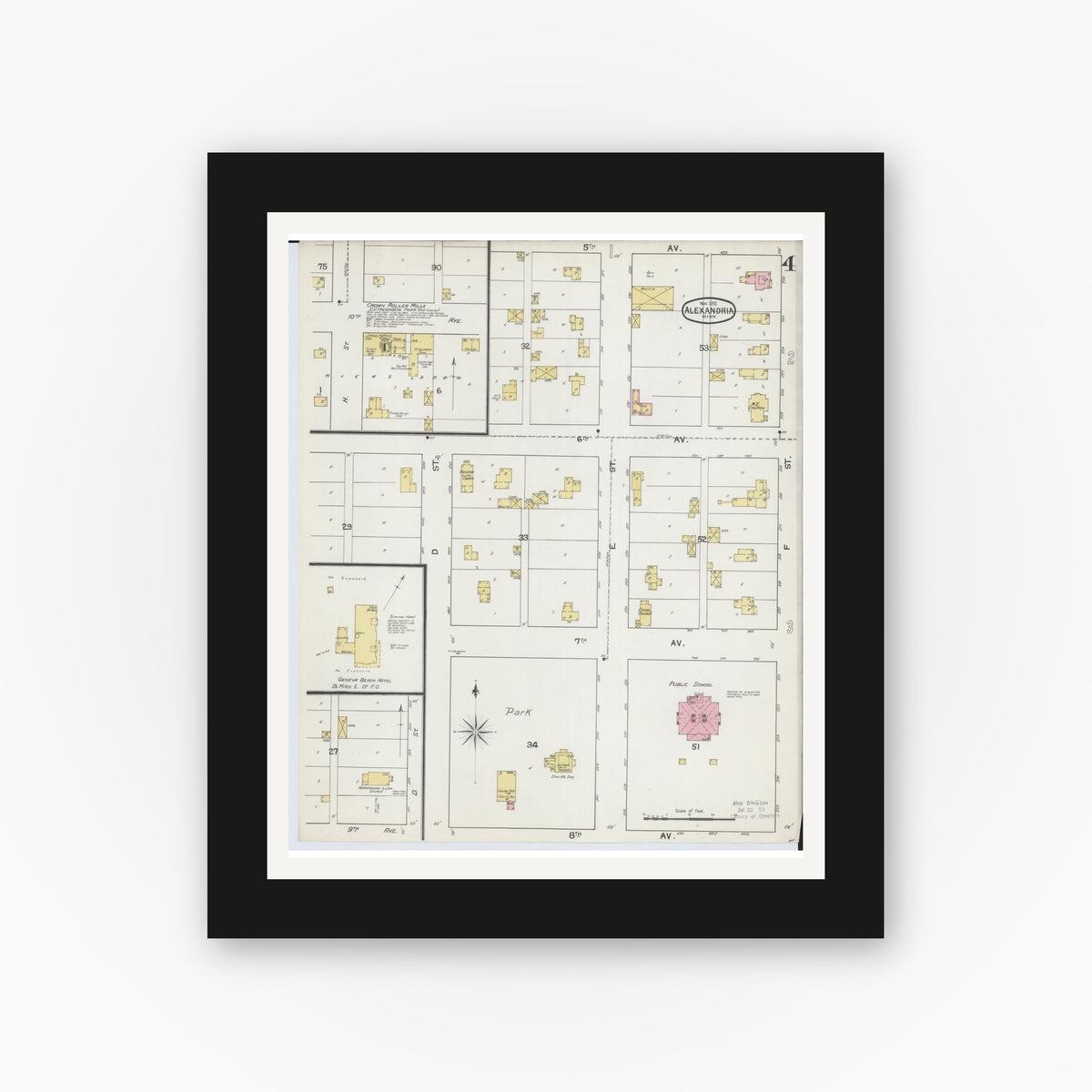 Old map wall art mockup — black gallery frame with white mat — Sanborn Fire Insurance Map from Alexandria, Douglas County, Minnesota (1892), Sheet #0004