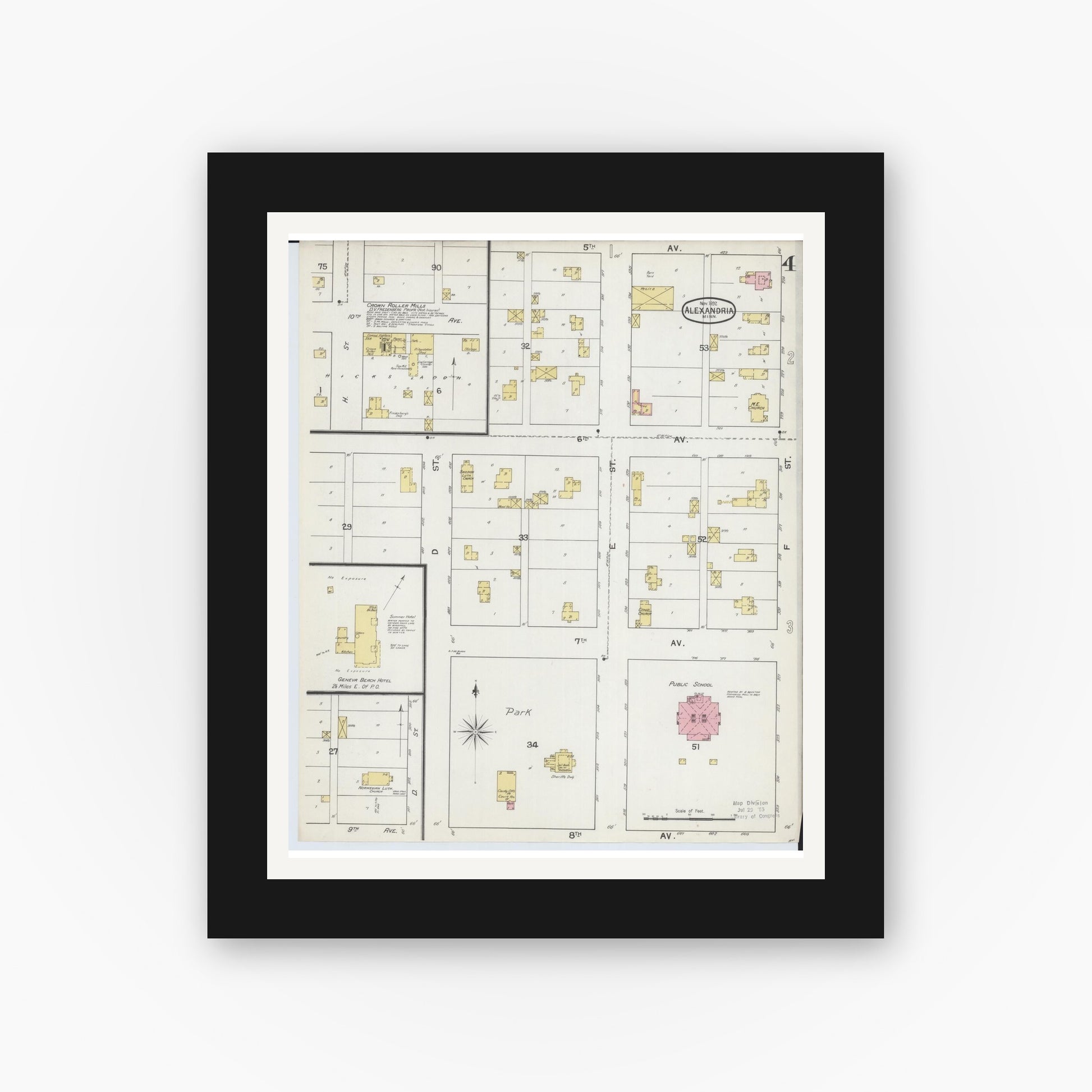 Old map wall art mockup — black gallery frame with white mat — Sanborn Fire Insurance Map from Alexandria, Douglas County, Minnesota (1892), Sheet #0004
