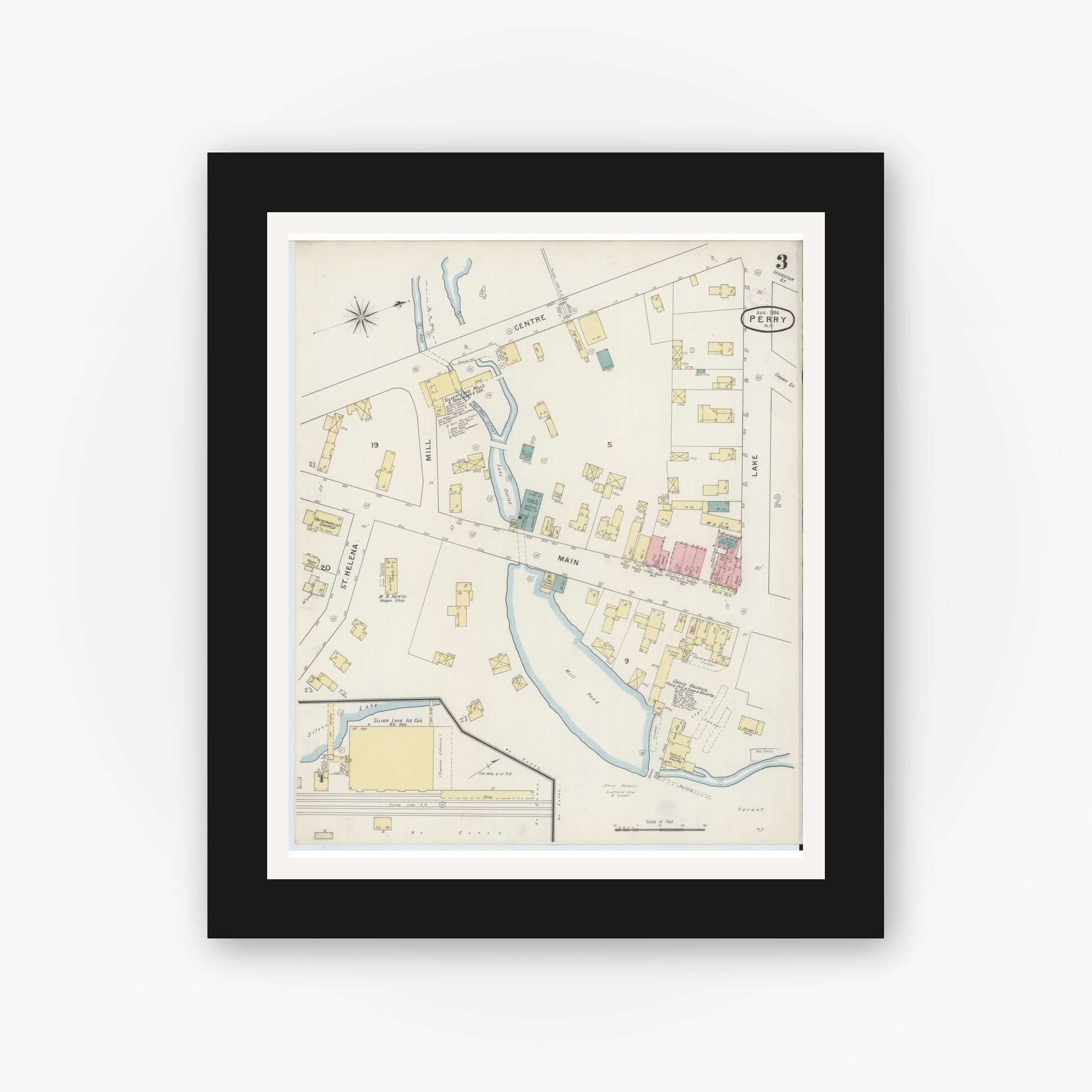 Old map wall art mockup — black gallery frame with white mat — Sanborn Fire Insurance Map from Perry, Wyoming County, New York (1894), Sheet #0003