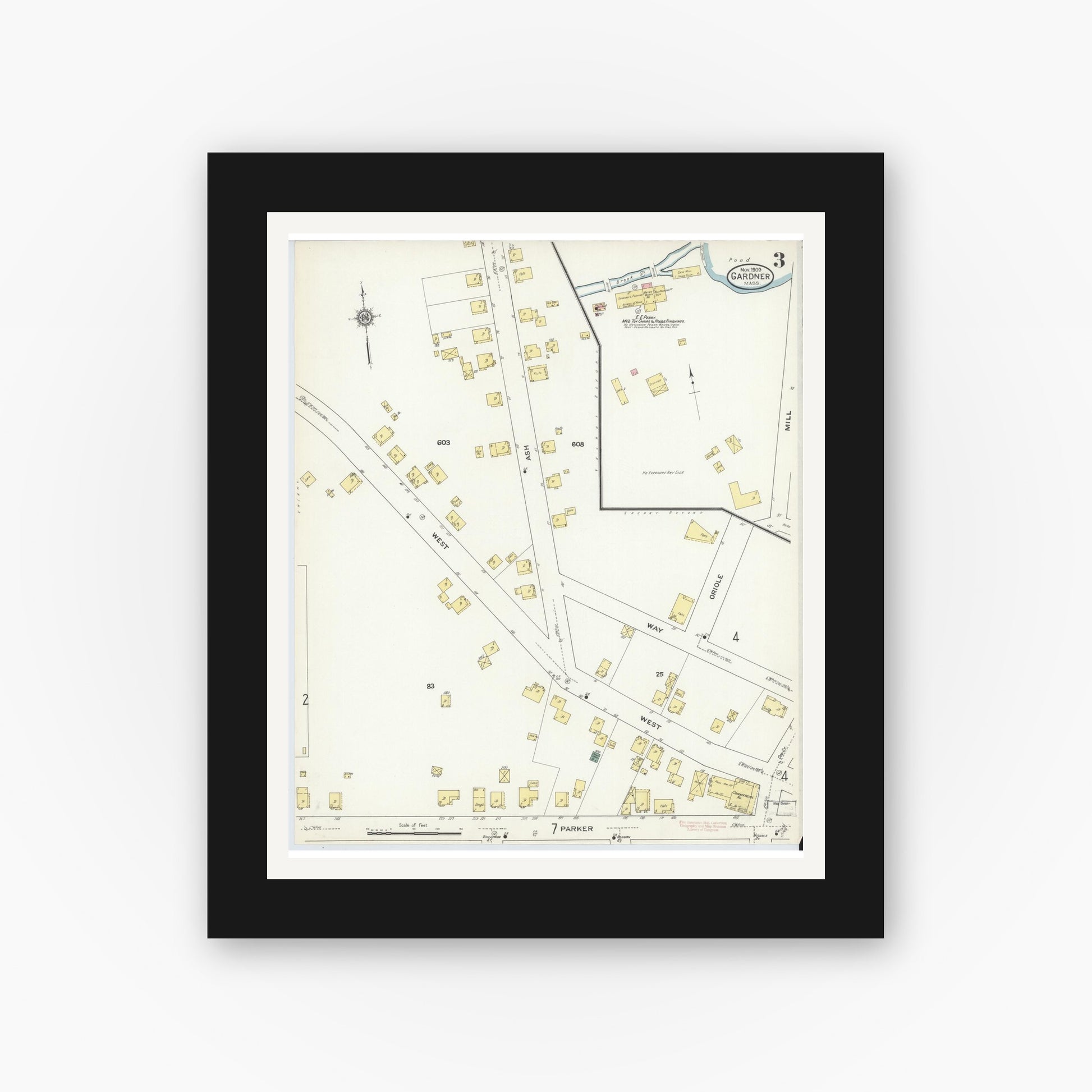 Old map wall art mockup — black gallery frame with white mat — Sanborn Fire Insurance Map from Gardner, Worcester County, Massachusetts (1909), Sheet #0003