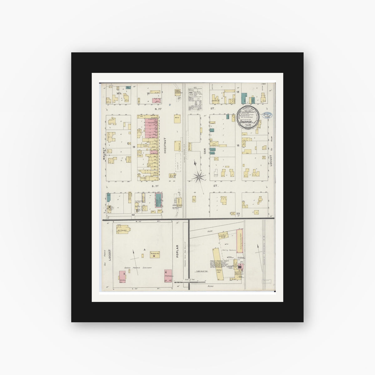 Old map wall art mockup — black gallery frame with white mat — Sanborn Fire Insurance Map from Onarga, Iroquois County, Illinois (1894), Sheet #0001