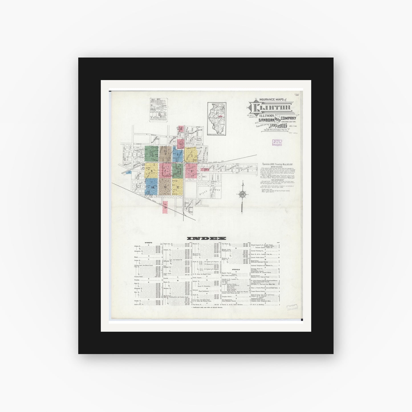 Old map wall art mockup — black gallery frame with white mat — Sanborn Fire Insurance Map from Clinton, De Witt County, Illinois (1916), Sheet #0001