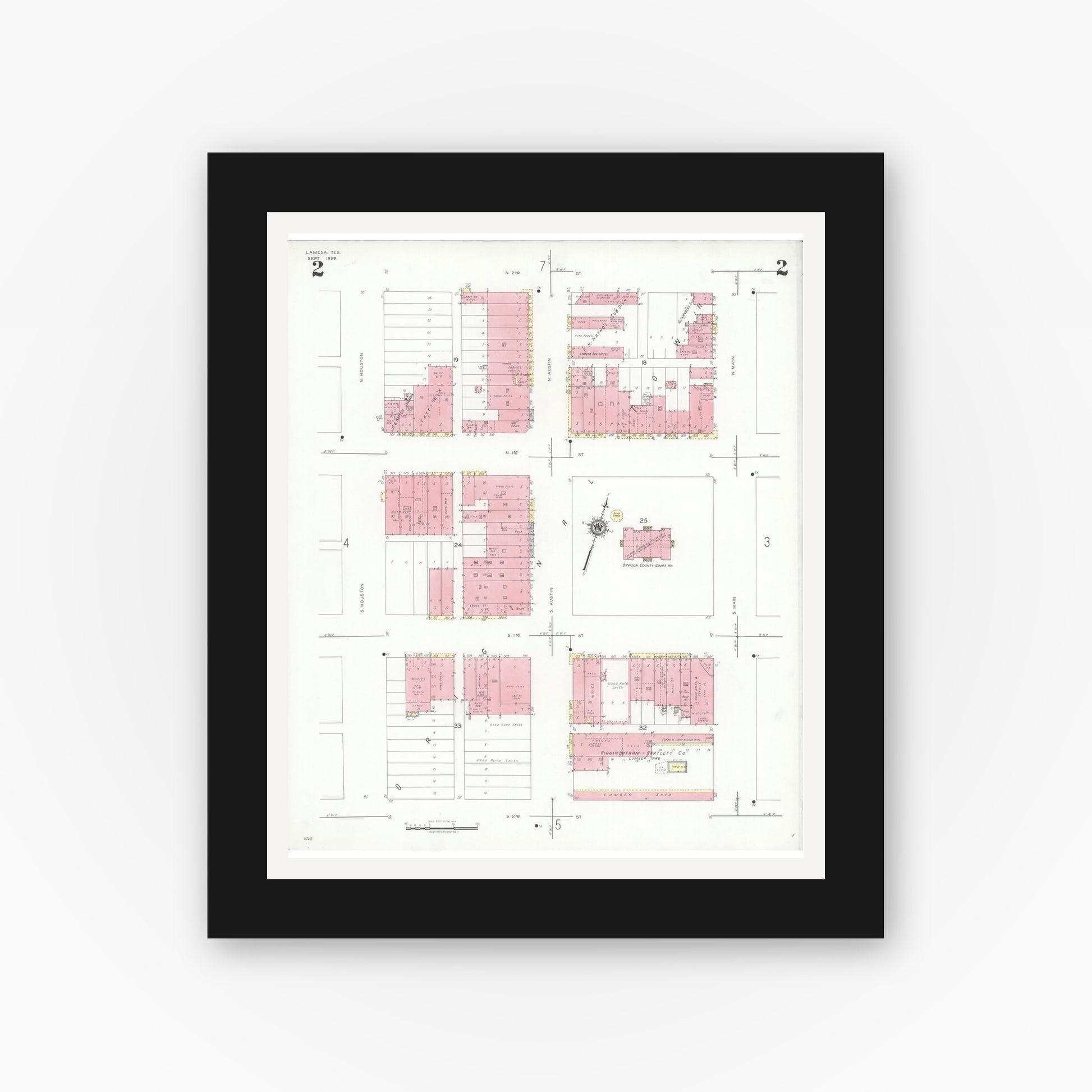 Old map wall art mockup — black gallery frame with white mat — Sanborn Fire Insurance Map from Lamesa, Dawson County, Texas (1939), Sheet #0002