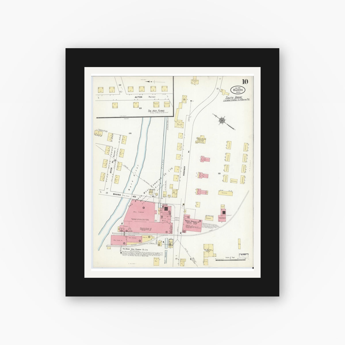 Old map wall art mockup — black gallery frame with white mat — Sanborn Fire Insurance Map from Barre, Worcester County, Massachusetts (1911), Sheet #0010