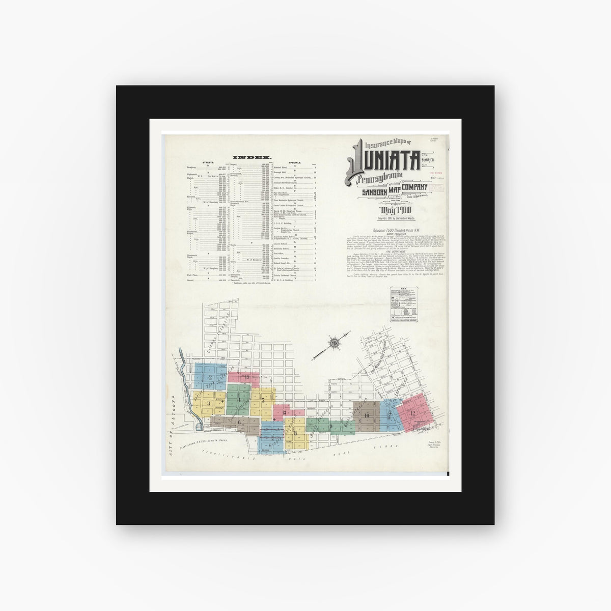 Old map wall art mockup — black gallery frame with white mat — Sanborn Fire Insurance Map from Juniata, Blair County, Pennsylvania (1910) - Complete Map Set