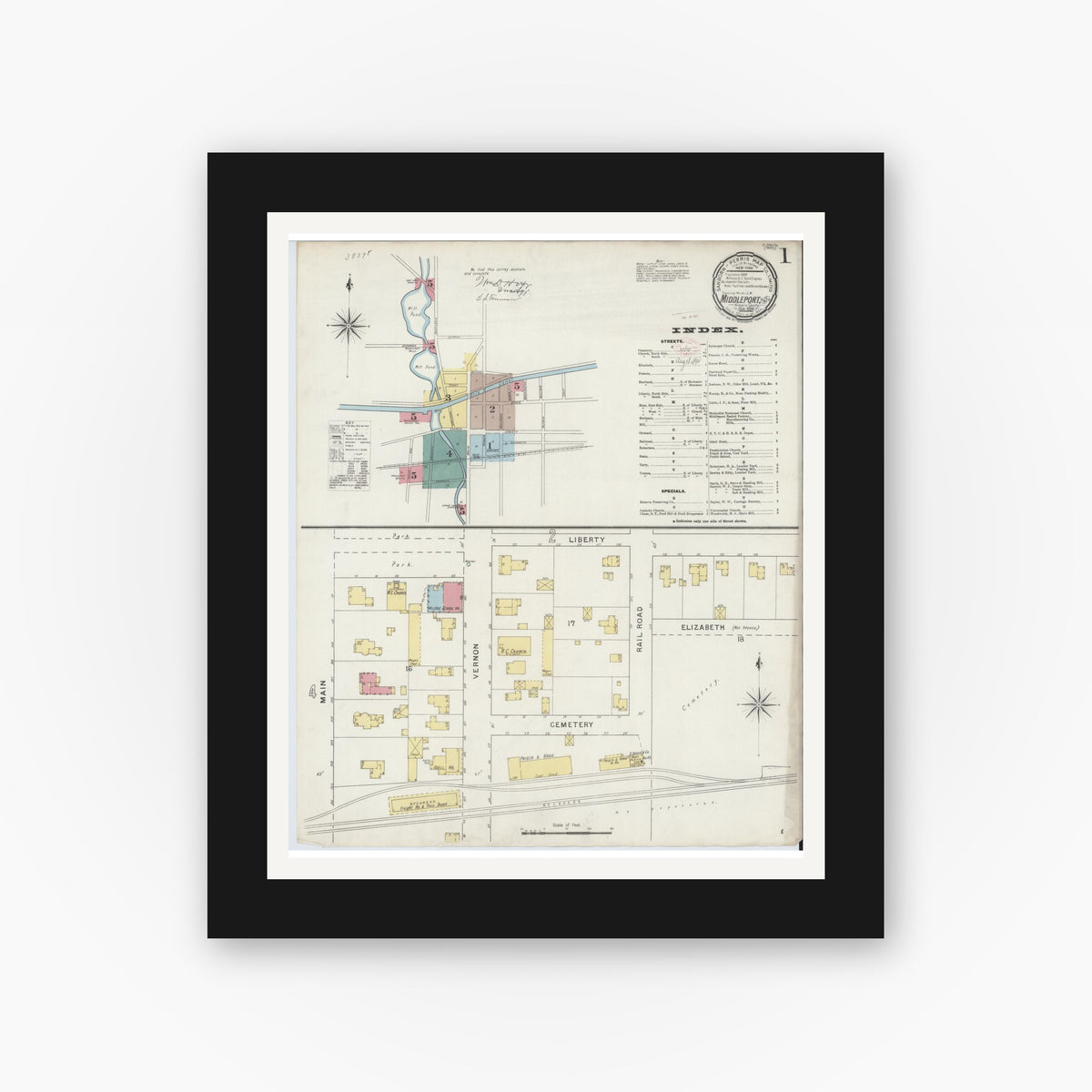 Old map wall art mockup — black gallery frame with white mat — Sanborn Fire Insurance Map from Middleport, Niagara County, New York (1894) - Complete Map Set
