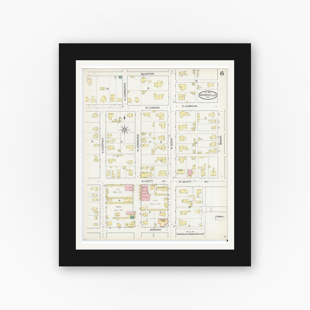 Old map wall art mockup — black gallery frame with white mat — Sanborn Fire Insurance Map from Gainesville, Cooke County, Texas (1892), Sheet #0006