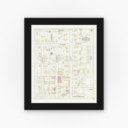 Old map wall art mockup — black gallery frame with white mat — Sanborn Fire Insurance Map from Gainesville, Cooke County, Texas (1892), Sheet #0006