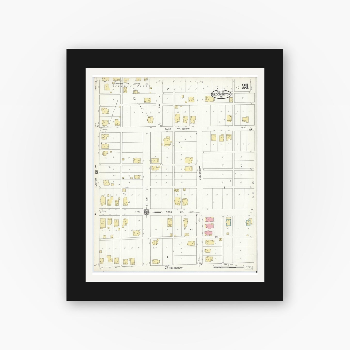 Old map wall art mockup — black gallery frame with white mat — Sanborn Fire Insurance Map from Bloomington, Monroe County, Indiana (1913), Sheet #0021