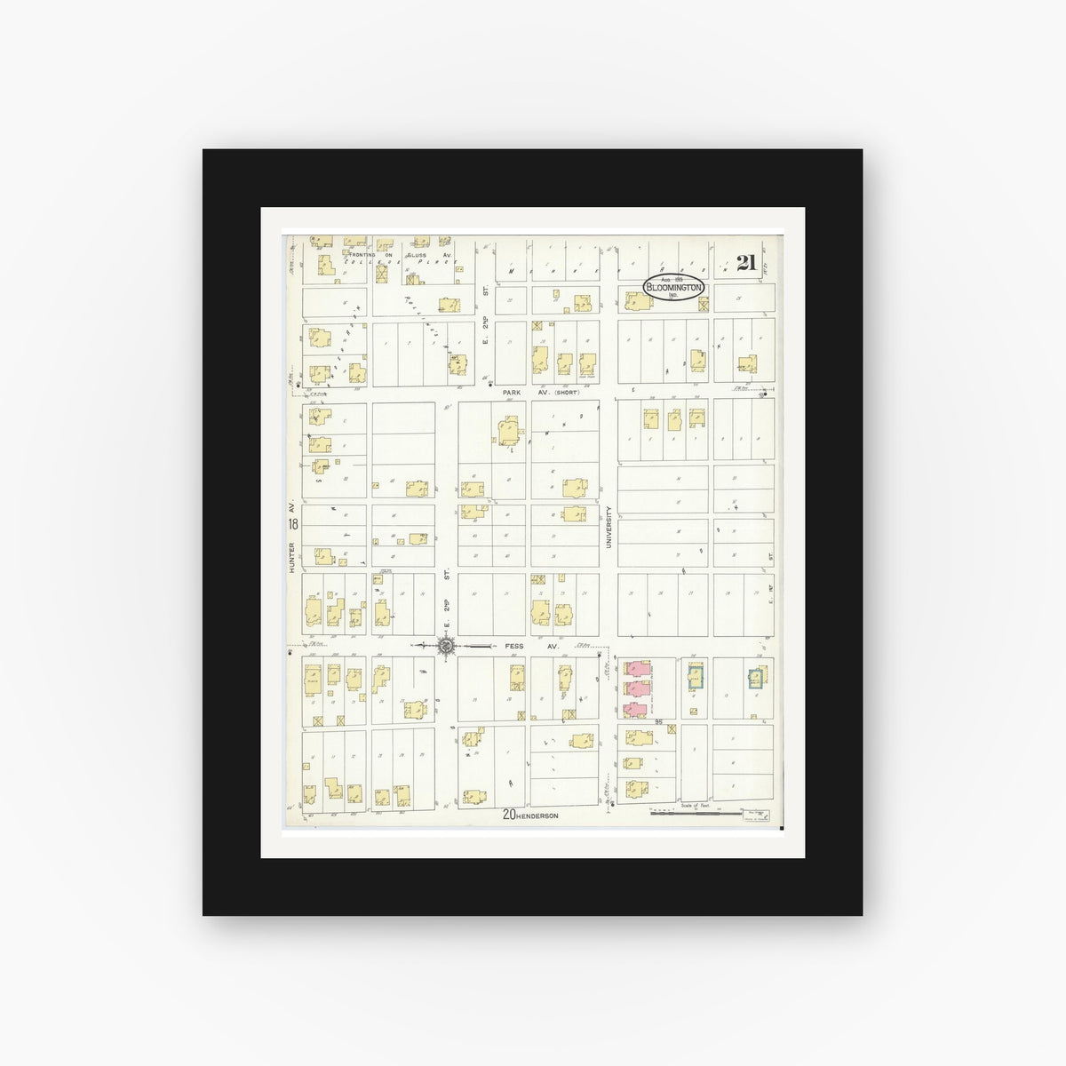 Old map wall art mockup — black gallery frame with white mat — Sanborn Fire Insurance Map from Bloomington, Monroe County, Indiana (1913), Sheet #0021