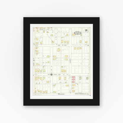 Old map wall art mockup — black gallery frame with white mat — Sanborn Fire Insurance Map from Bloomington, Monroe County, Indiana (1913), Sheet #0021