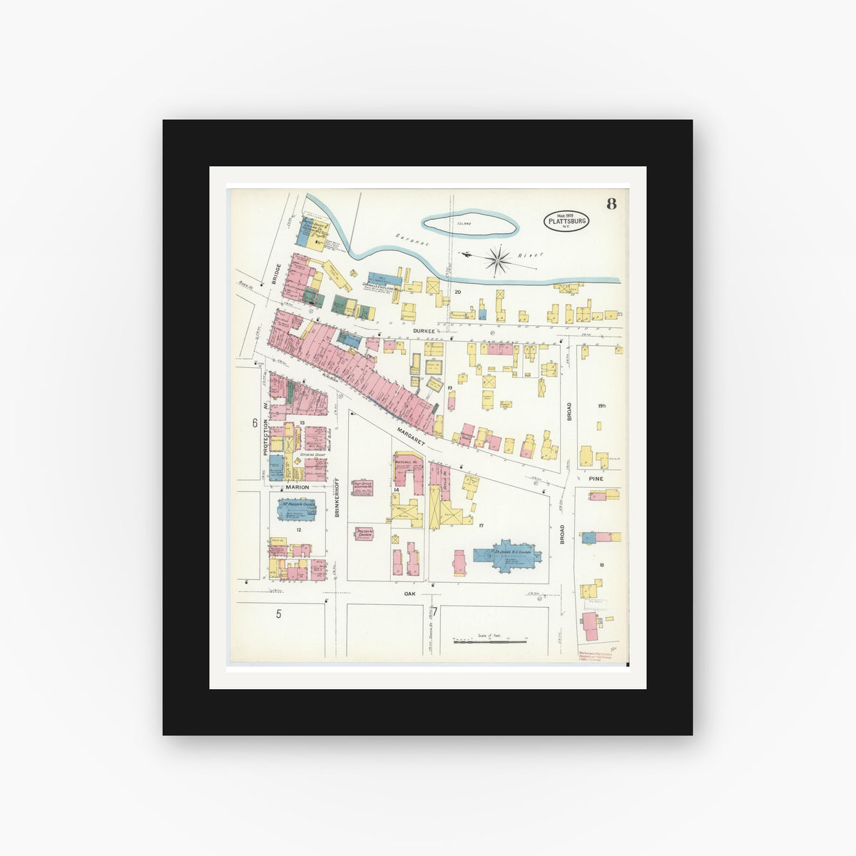 Old map wall art mockup — black gallery frame with white mat — Sanborn Fire Insurance Map from Plattsburg, Clinton County, New York (1909), Sheet #0007