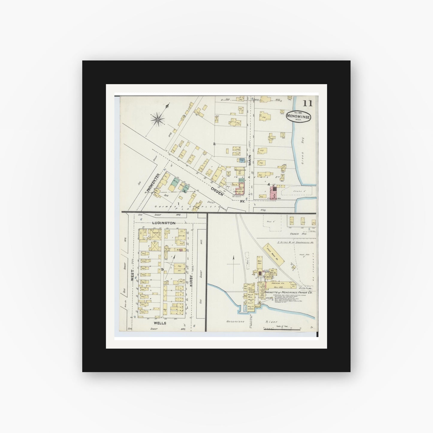 Old map wall art mockup — black gallery frame with white mat — Sanborn Fire Insurance Map from Menominee, Menominee County, Michigan (1890), Sheet #0011