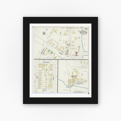 Old map wall art mockup — black gallery frame with white mat — Sanborn Fire Insurance Map from Menominee, Menominee County, Michigan (1890), Sheet #0011
