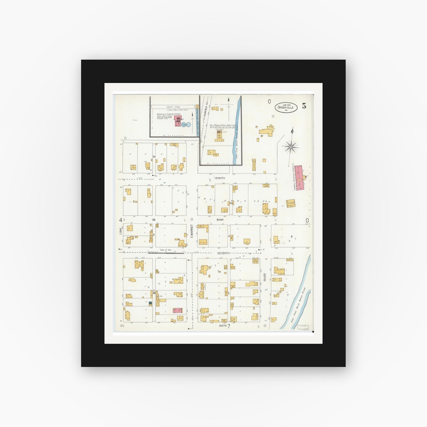 Old map wall art mockup — black gallery frame with white mat — Sanborn Fire Insurance Map from Brookville, Franklin County, Indiana (1906), Sheet #0005