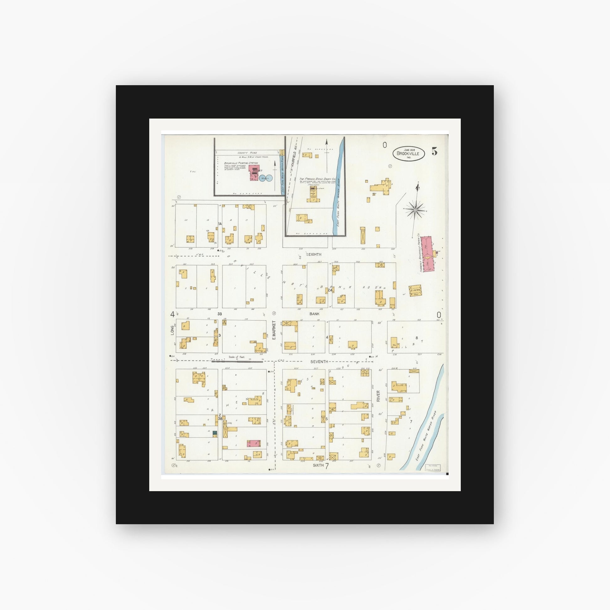 Old map wall art mockup — black gallery frame with white mat — Sanborn Fire Insurance Map from Brookville, Franklin County, Indiana (1906), Sheet #0005