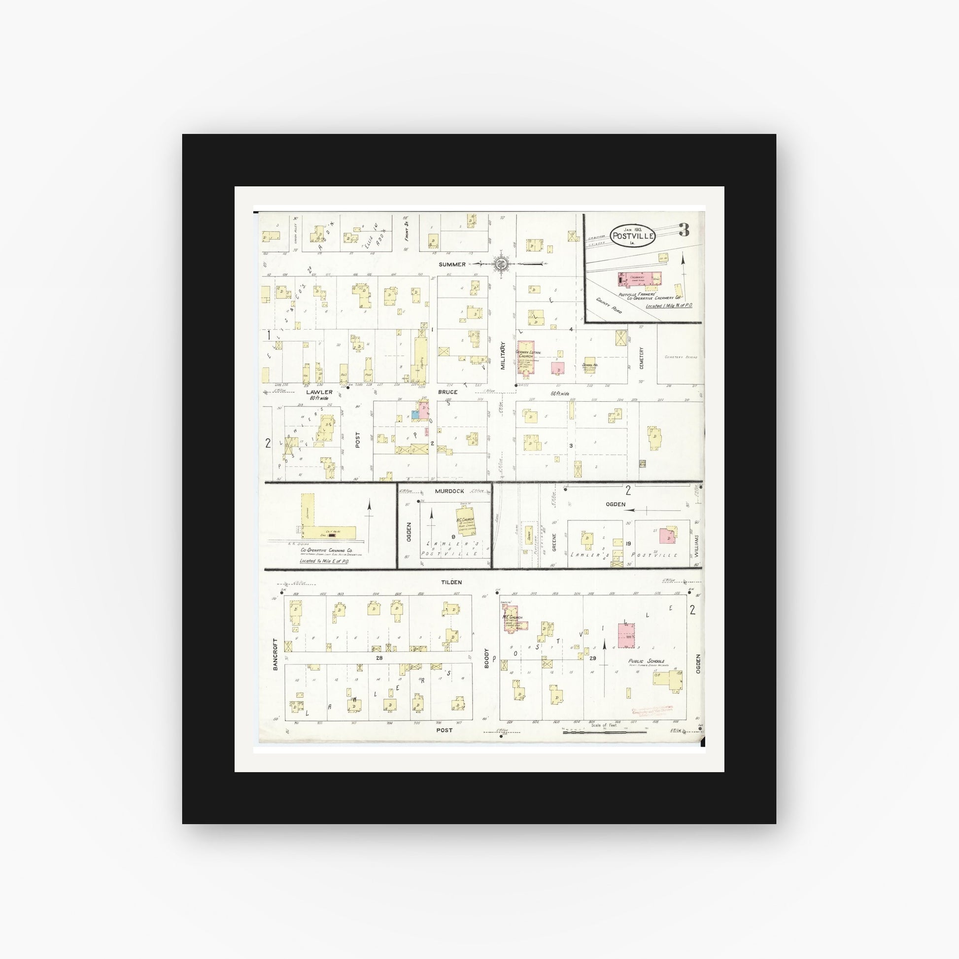 Old map wall art mockup — black gallery frame with white mat — Sanborn Fire Insurance Map from Postville, Allamakee County, Iowa (1913), Sheet #0003