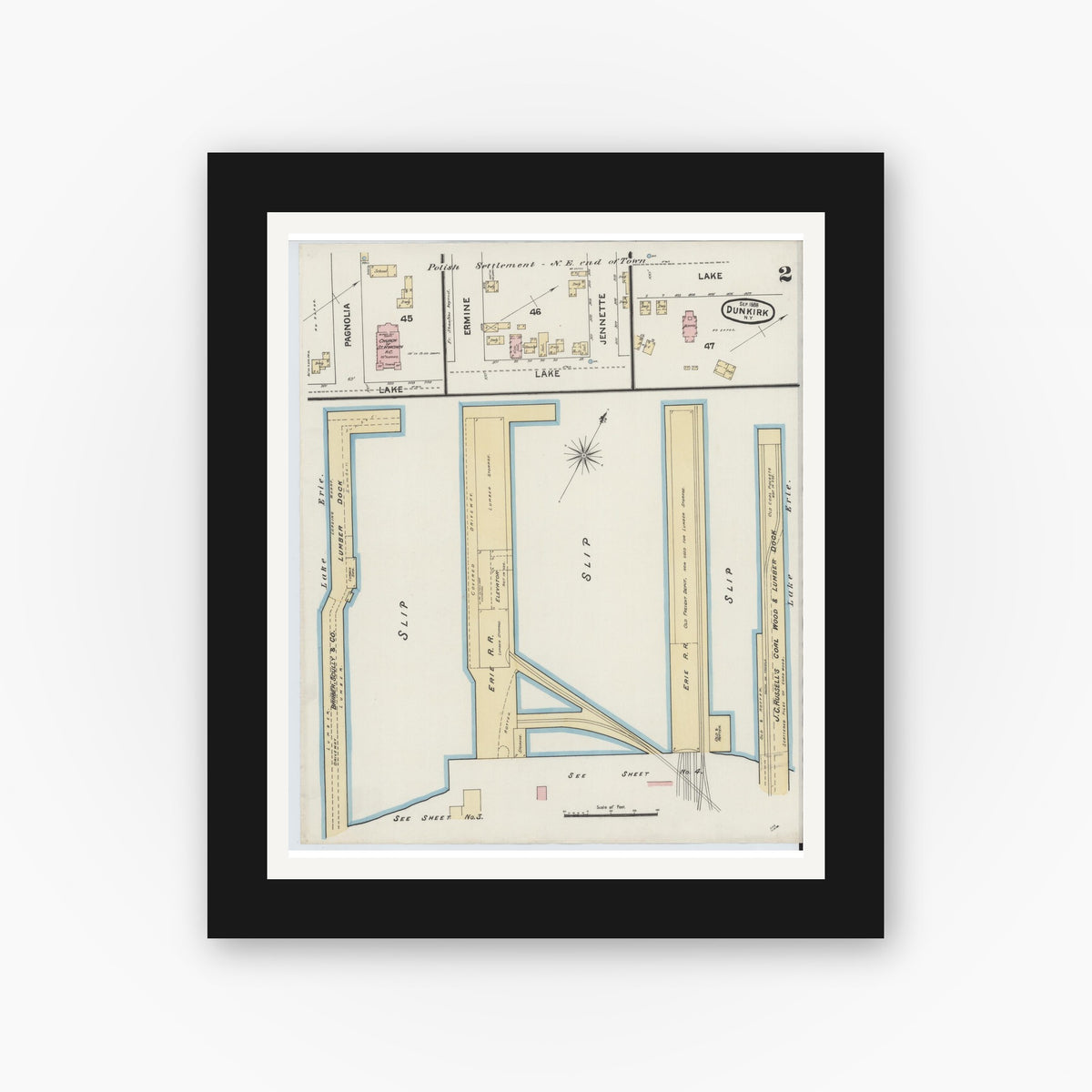 Old map wall art mockup — black gallery frame with white mat — Sanborn Fire Insurance Map from Dunkirk, Chautauqua County, New York (1888) - Complete Map Set