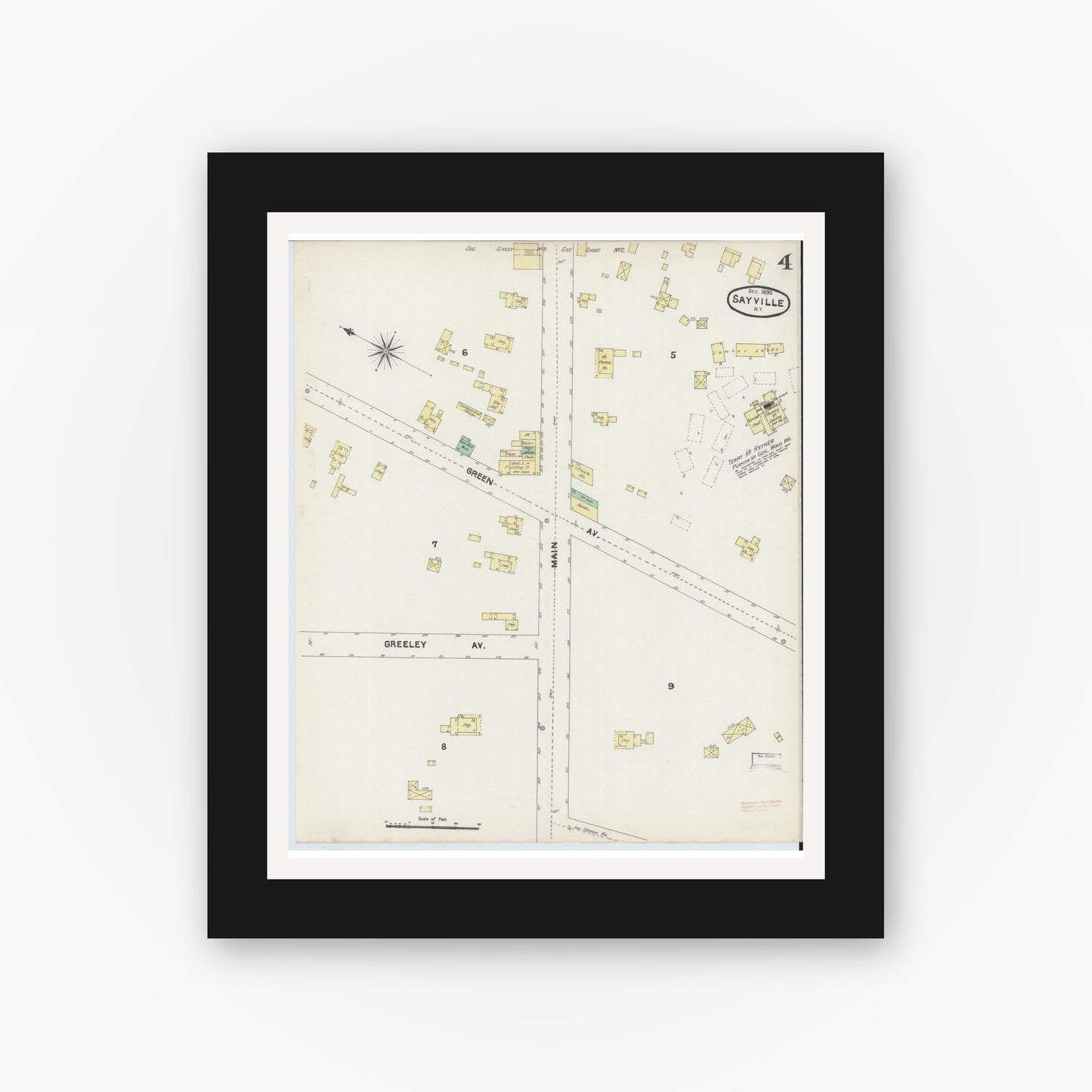 Old map wall art mockup — black gallery frame with white mat — Sanborn Fire Insurance Map from Sayville, Suffolk County, New York (1890), Sheet #0004