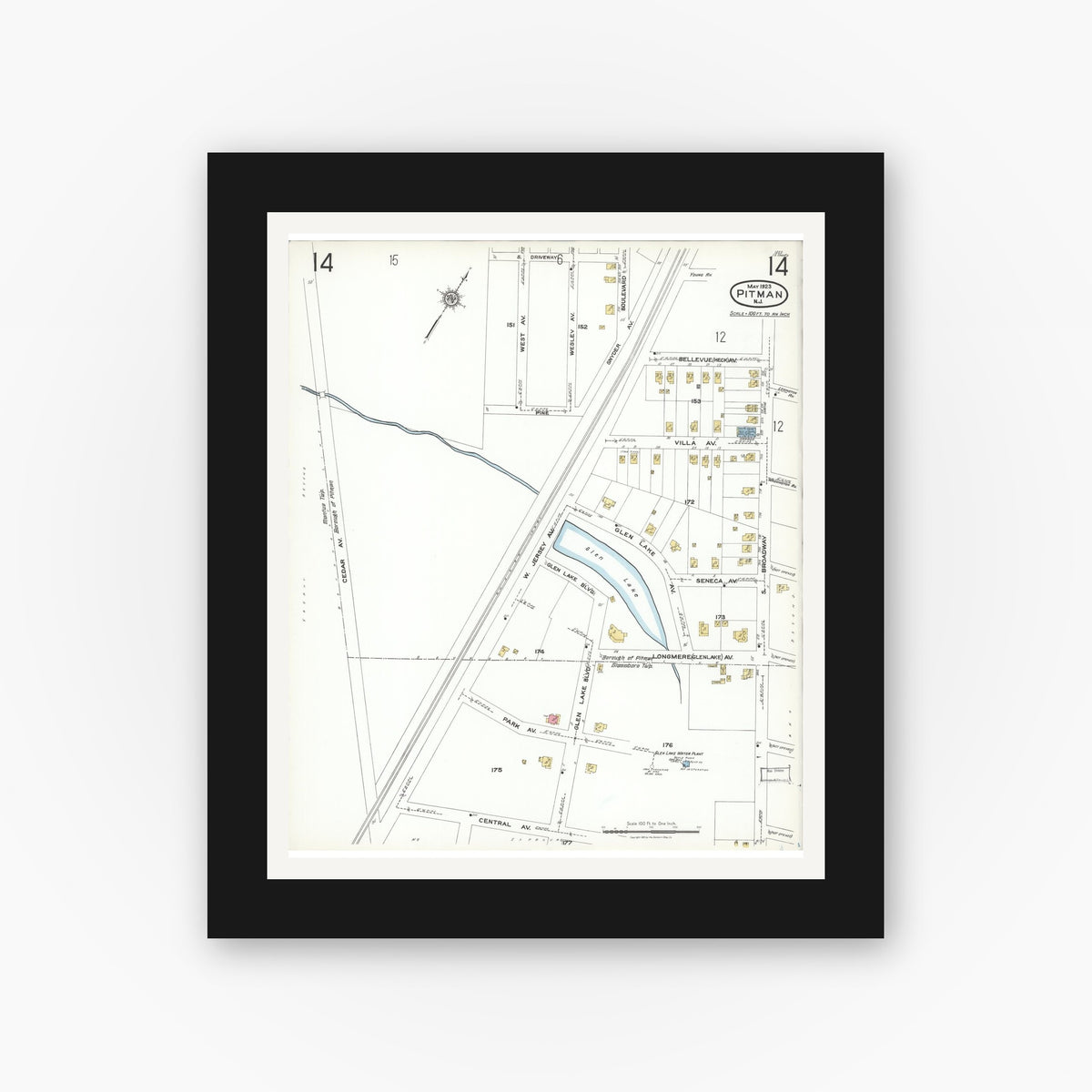 Old map wall art mockup — black gallery frame with white mat — Sanborn Fire Insurance Map from Pitman, Gloucester County, New Jersey (1923), Sheet #0014