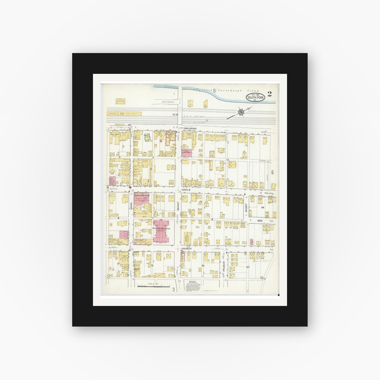 Old map wall art mockup — black gallery frame with white mat — Sanborn Fire Insurance Map from South Fork, Cambria County, Pennsylvania (1916), Sheet #0002