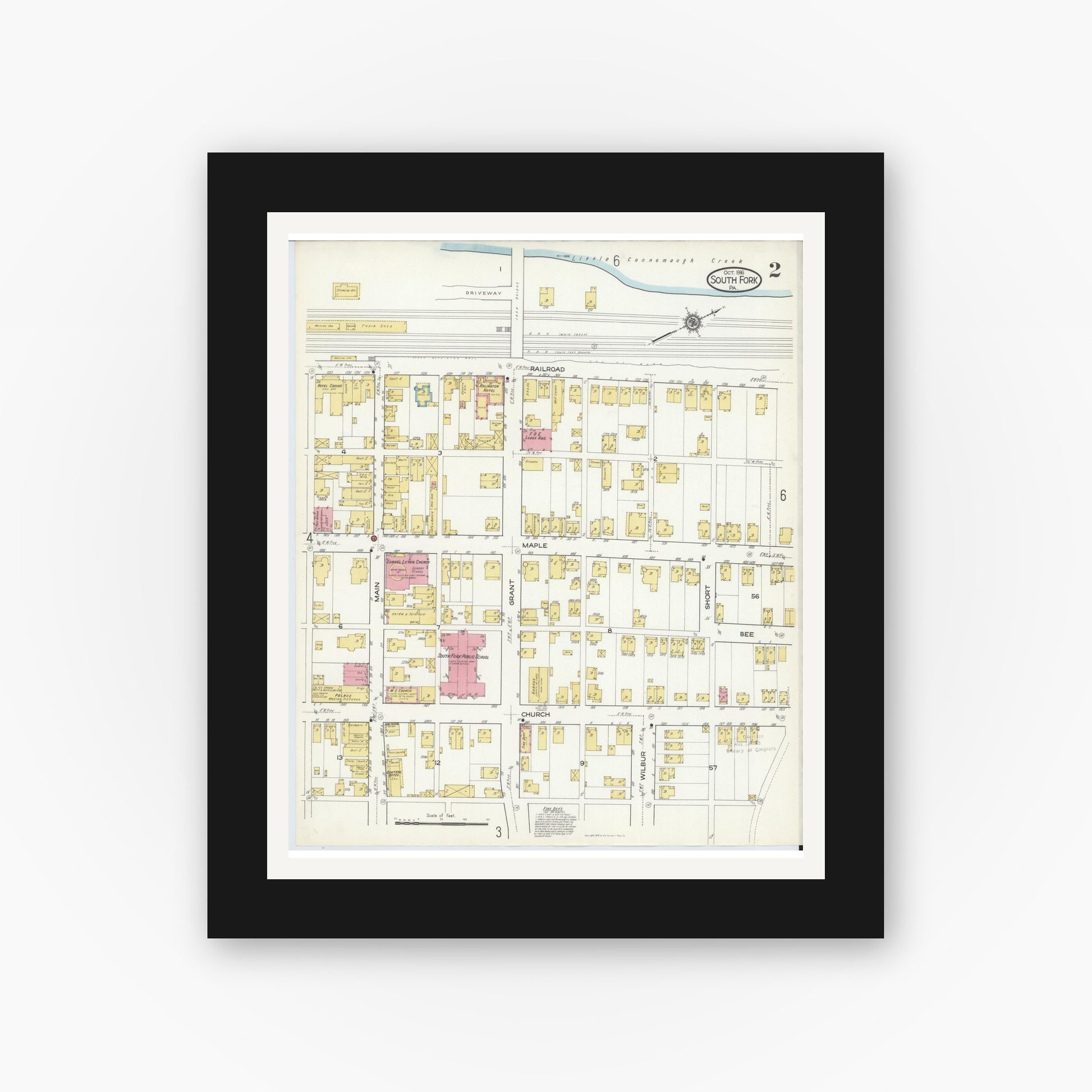 Old map wall art mockup — black gallery frame with white mat — Sanborn Fire Insurance Map from South Fork, Cambria County, Pennsylvania (1916), Sheet #0002