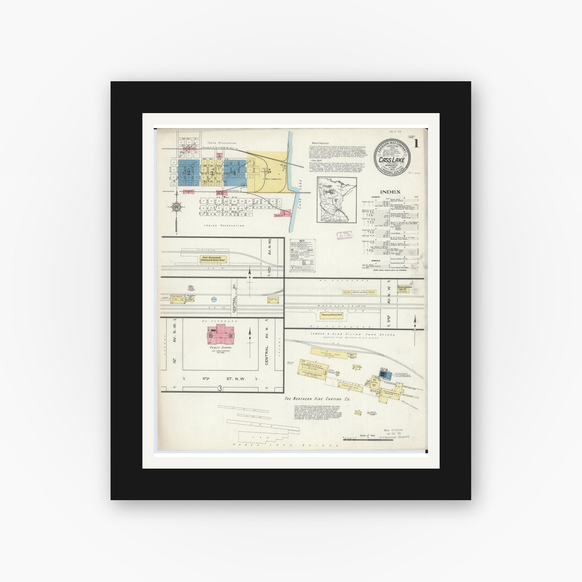 Old map wall art mockup — black gallery frame with white mat — Sanborn Fire Insurance Map from Cass Lake, Cass County, Minnesota (1913), Sheet #0001