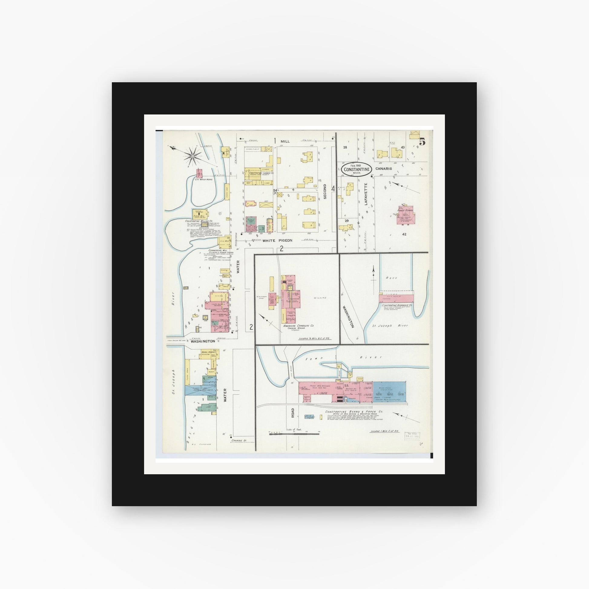 Old map wall art mockup — black gallery frame with white mat — Sanborn Fire Insurance Map from Constantine, Saint Joseph County, Michigan (1909), Sheet #0005