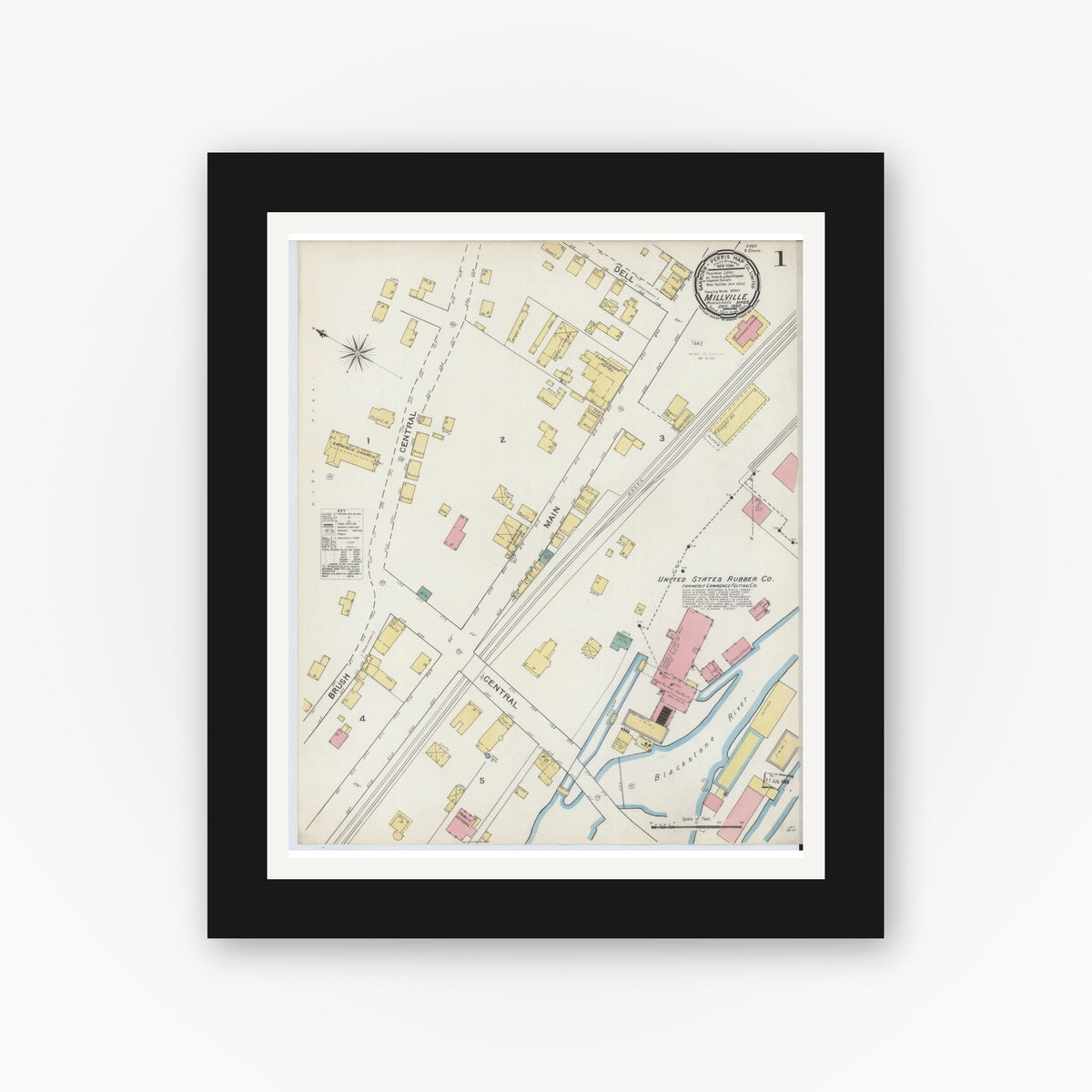 Old map wall art mockup — black gallery frame with white mat — Sanborn Fire Insurance Map from Millville, Worcester County, Massachusetts (1893) - Complete Map Set