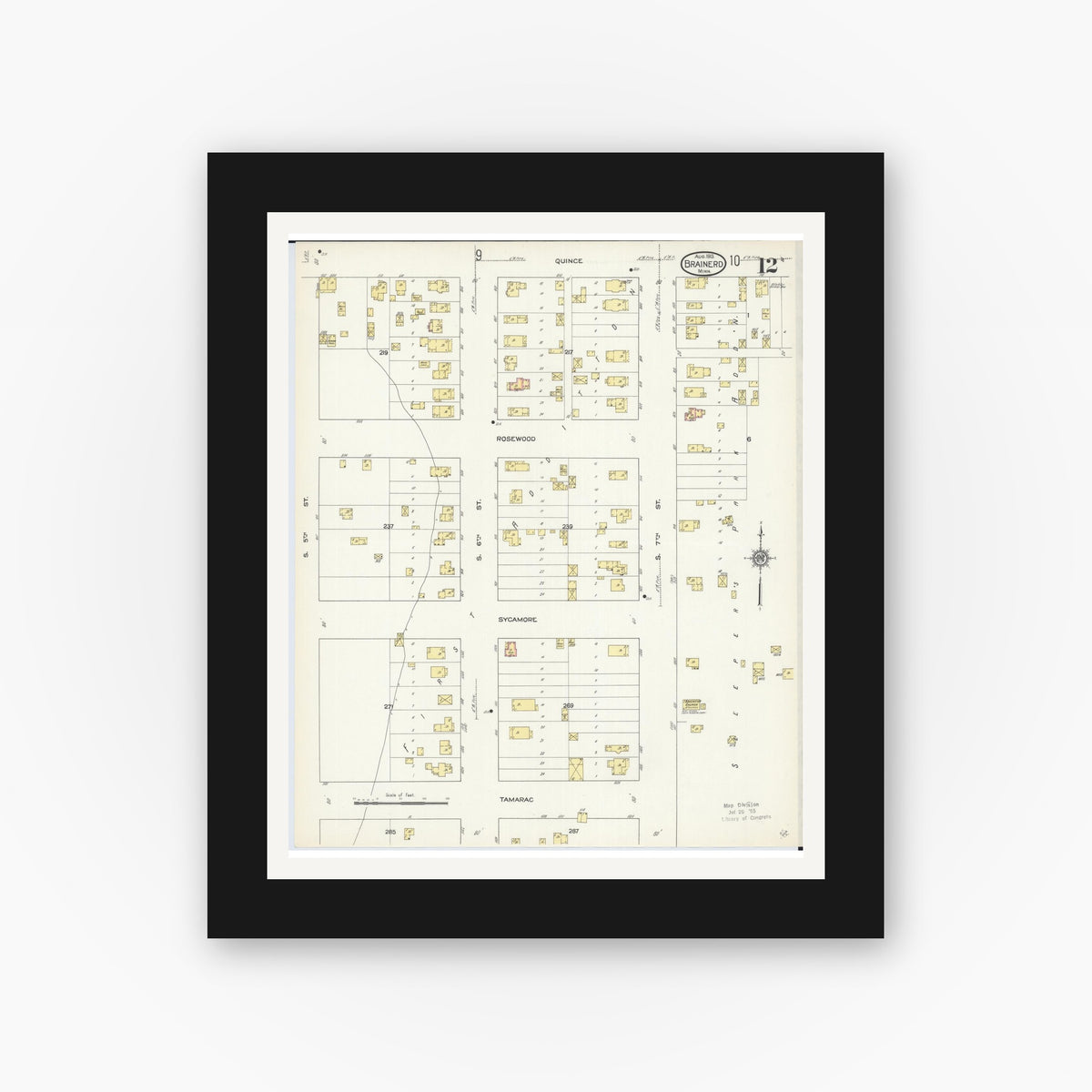 Old map wall art mockup — black gallery frame with white mat — Sanborn Fire Insurance Map from Brainerd, Crow Wing County, Minnesota (1913), Sheet #0012