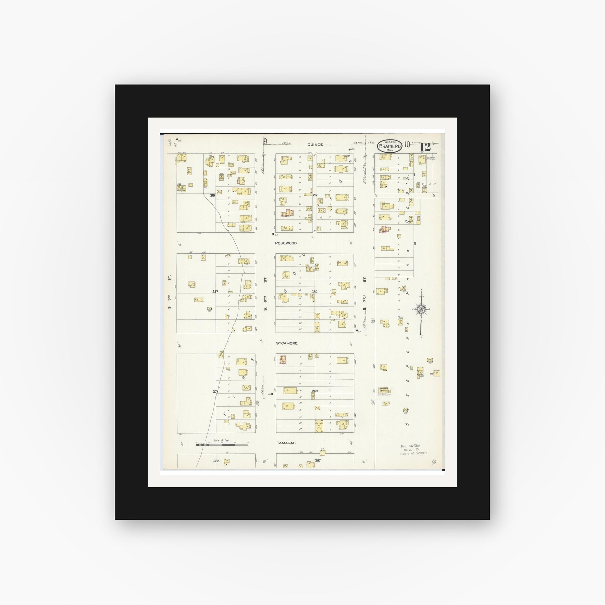 Old map wall art mockup — black gallery frame with white mat — Sanborn Fire Insurance Map from Brainerd, Crow Wing County, Minnesota (1913), Sheet #0012
