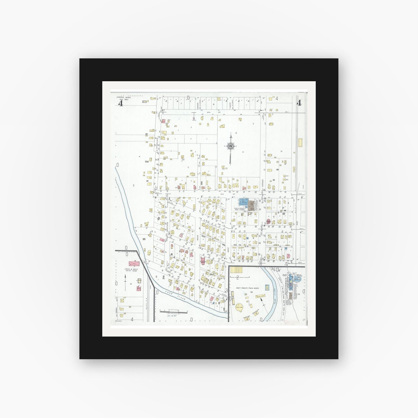 Old map wall art mockup — black gallery frame with white mat — Sanborn Fire Insurance Map from Jordan, Scott County, Minnesota (1947), Sheet #0004