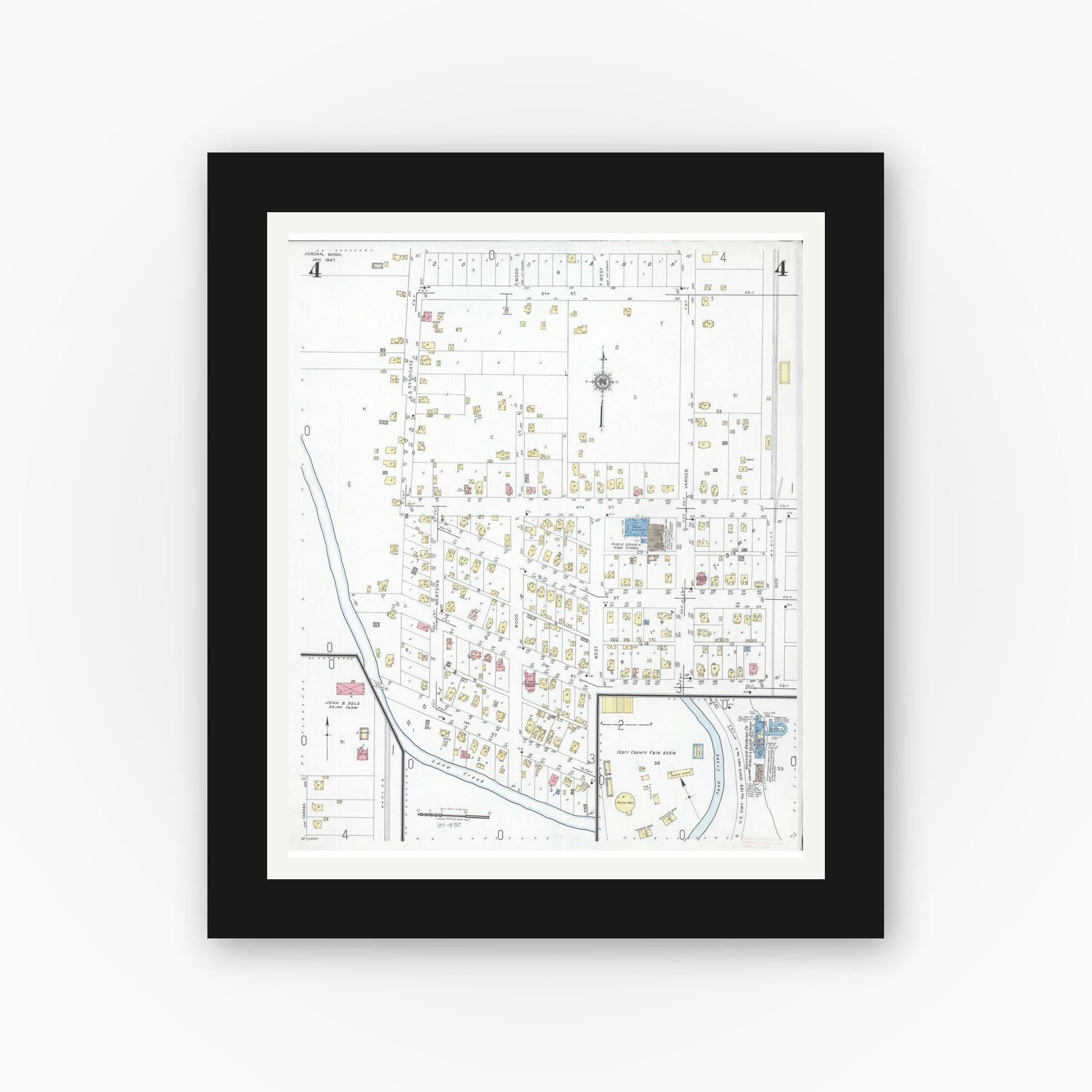 Old map wall art mockup — black gallery frame with white mat — Sanborn Fire Insurance Map from Jordan, Scott County, Minnesota (1947), Sheet #0004
