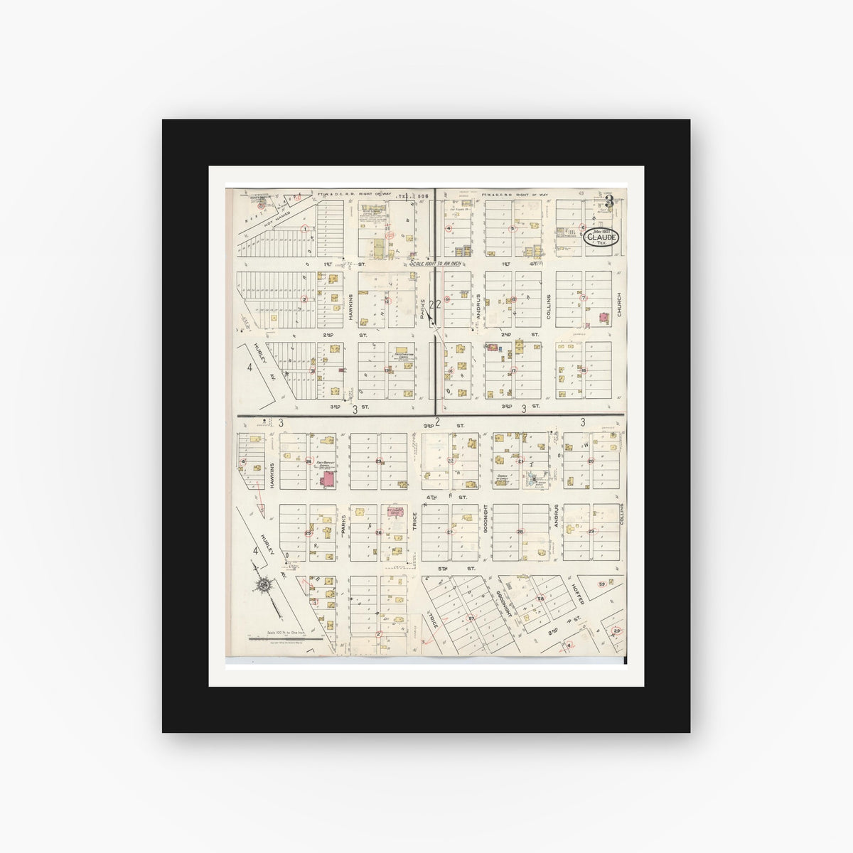 Old map wall art mockup — black gallery frame with white mat — Sanborn Fire Insurance Map from Claude, Armstrong County, Texas (1932), Sheet #0003
