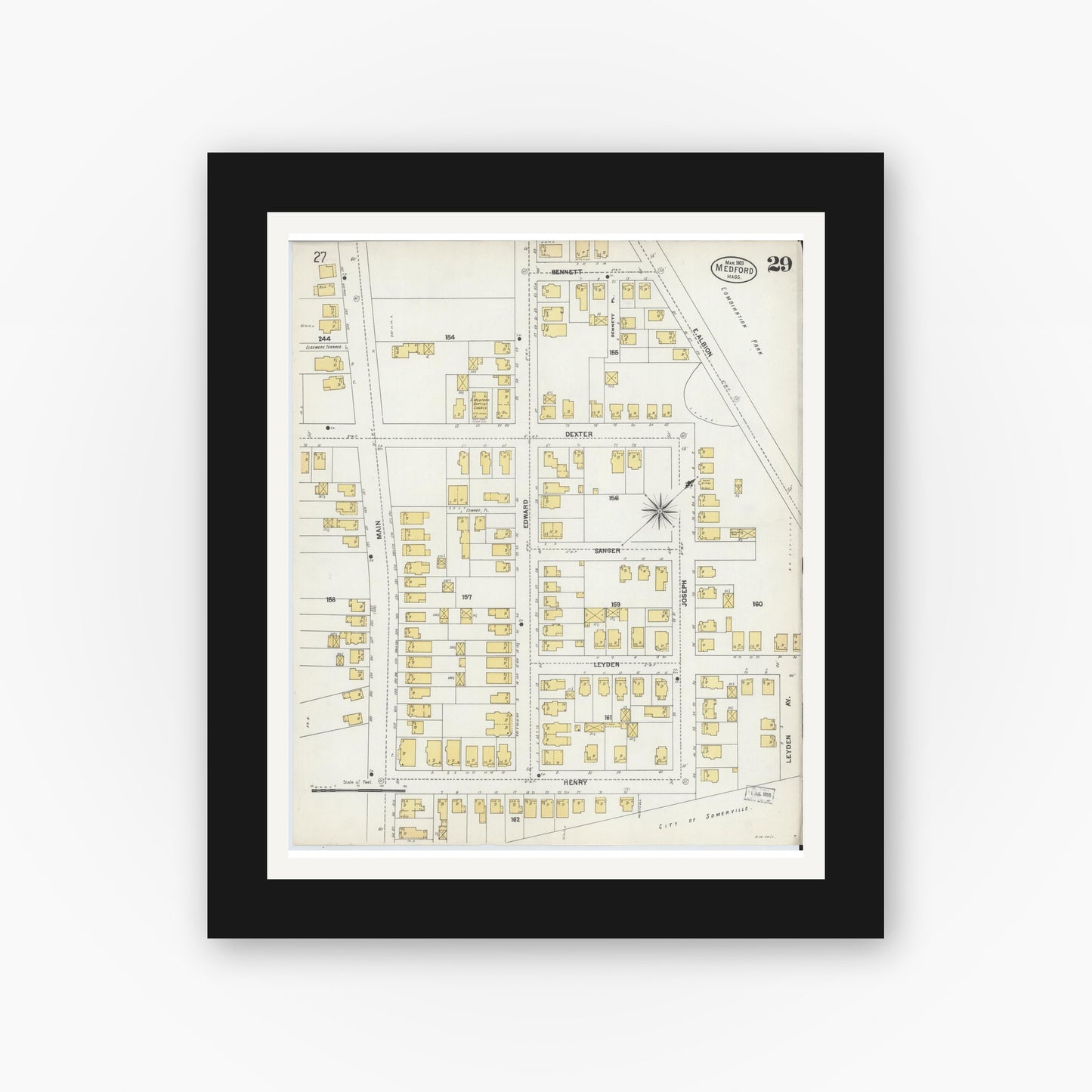 Old map wall art mockup — black gallery frame with white mat — Sanborn Fire Insurance Map from Medford, Middlesex County, Massachusetts (1903), Sheet #0029