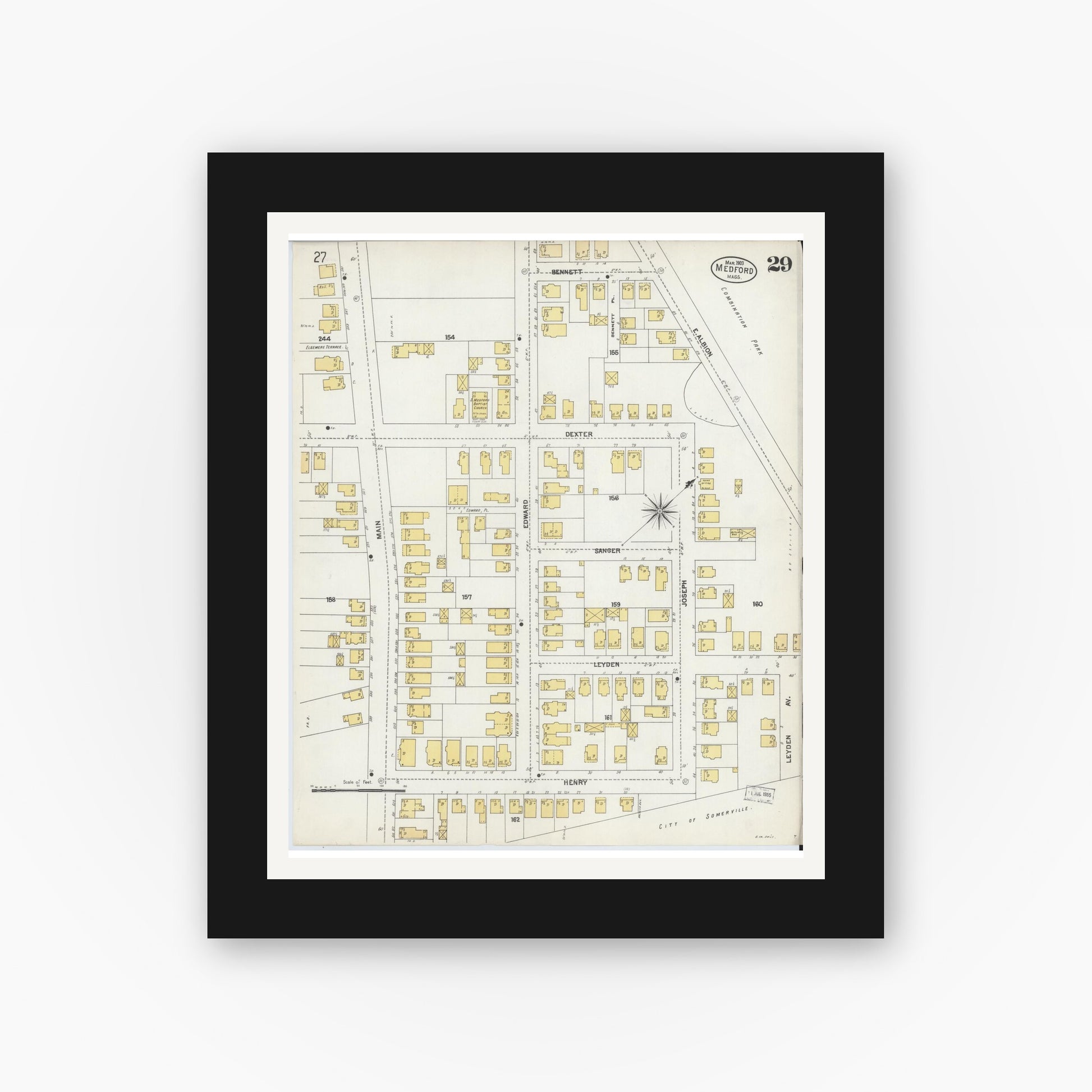 Old map wall art mockup — black gallery frame with white mat — Sanborn Fire Insurance Map from Medford, Middlesex County, Massachusetts (1903), Sheet #0029